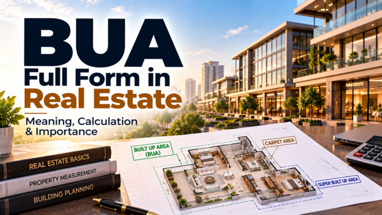 BUA full form in real estate showing built-up area calculation and apartment floor plan